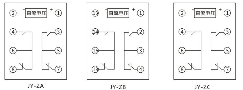 JY-ZA直流高低值電壓繼電器內部接線及外引接線圖 JY-ZA直流高低值電壓繼電器內部接線及外引接線圖