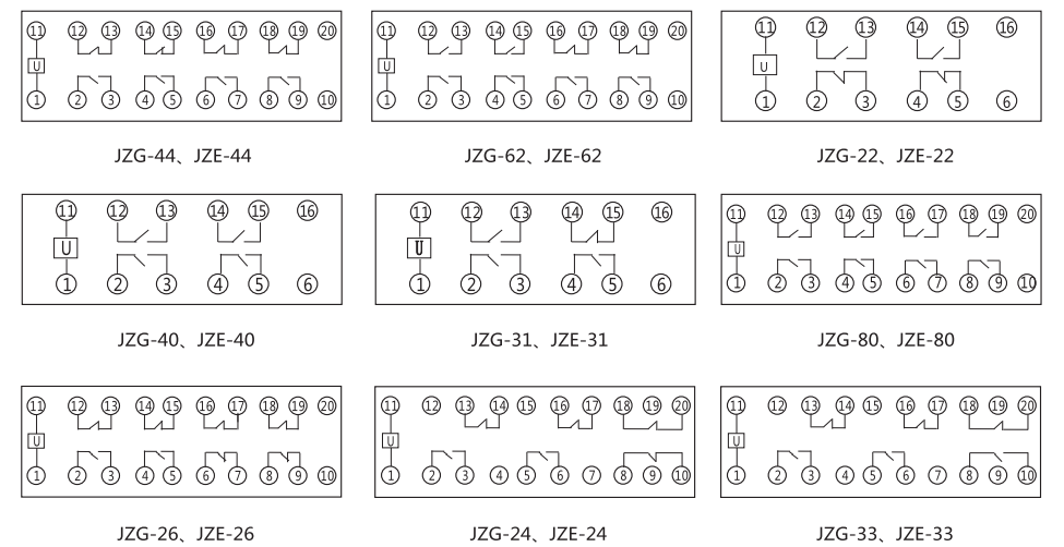 JZE-80卡軌式靜態(tài)中間繼電器內(nèi)部端子外引接線圖 JZE-80卡軌式靜態(tài)中間繼電器內(nèi)部端子外引接線圖