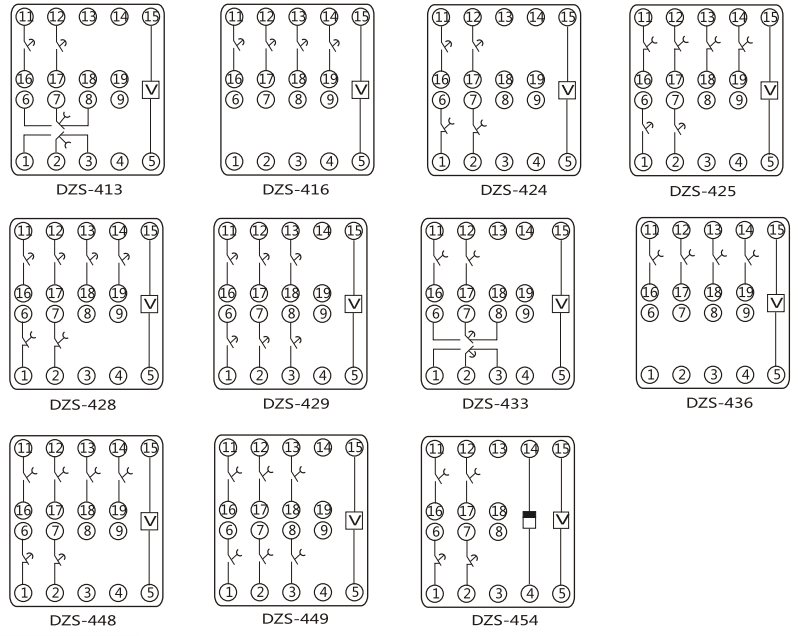 DZY(J)-414中間繼電器內部端子外引接線圖(正視) DZY(J)-414中間繼電器內部端子外引接線圖(正視)
